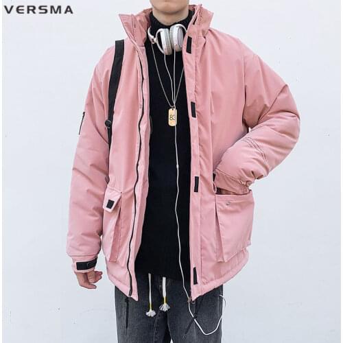 VERSMA Japanese Padded Pocket Thick Winter Jacket Parka Men Youth Streetwear Solid Color Warm Windbreaker Men Coat Dropshipping