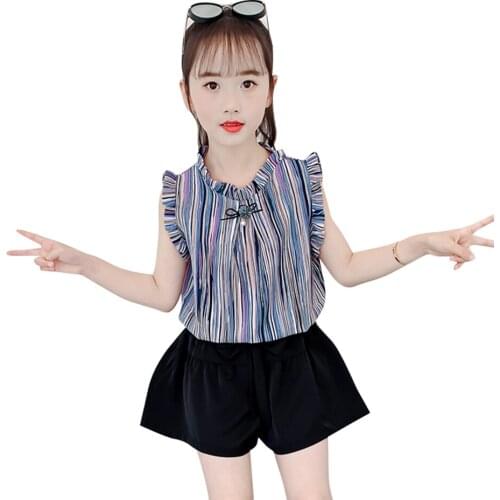 Teen Girls Summer Clothing Rainbow Vest + Short Tracksuits For Girls Bow Costumes For Girls Casual Style Kids Clothing