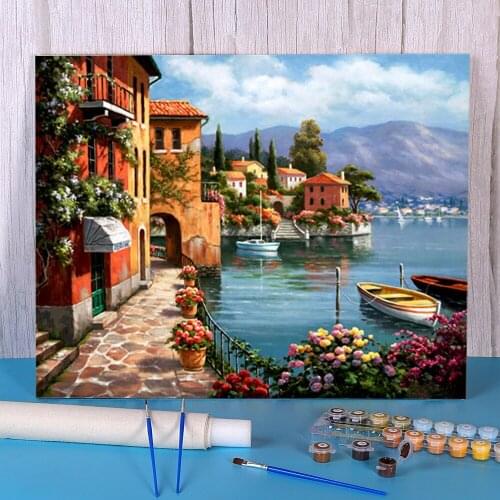 Landscape Town Seaside DIY Painting By Numbers Kit Oil Paints 40*50 Canvas Pictures Decoration For Children Art