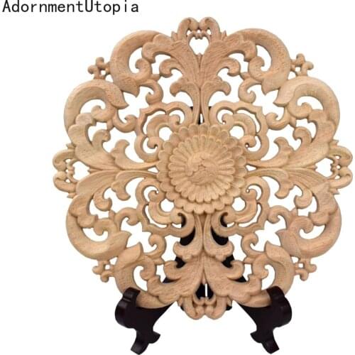 Natural Woodcarving Furniture Decoration Solid Wood Door Round Applique Flower Him Miniature Crafts Figurine Storm 10/12/15/24cm