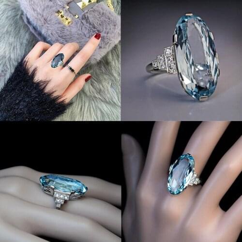 New fashion Large Oval Blue crystal ring copper plating Ring For Women silver color White Zircon rings Female wedding jewelry