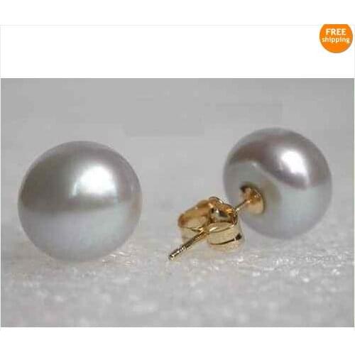 New Favorite Pearl Jewelry Beautiful AAA 10-11MM Gray Color Real Freshwater Pearls 14K Gold Stud Earrings Charming Lady Gift