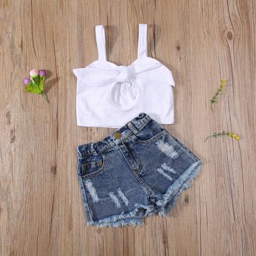 2Pcs New Fashion Summer Kids Girls Two- piece Clothes Set White Hollow Sleeveless Top + Denim Shorts Toddler Girls Outfit