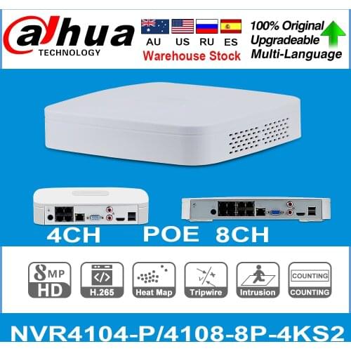 DAHUA Original 4K POE NVR NVR4104-P-4KS2 NVR4108-8P-4KS2 With 4/8ch PoE h.265 Video Recorder Support ONVIF 2.4 SDK CGI