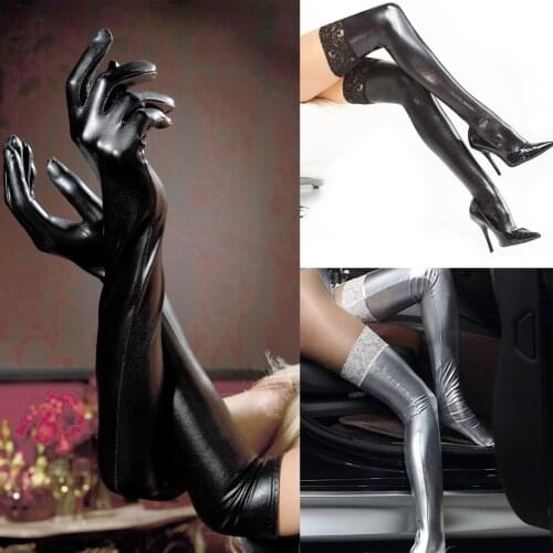 Sexy Womens Black Patent Leather Knee High Stockings Pantyhose Long Gloves Party Club Pole Dance Costumes Harajuku