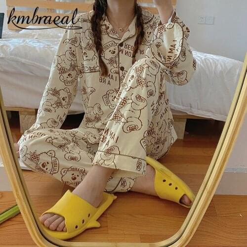Cartoon Bear Pajamas for Women Autumn Spring Kawaii Funny Sleepwear Home Suit Long Sleeve Trousers Two Piece Homewear Plus Size