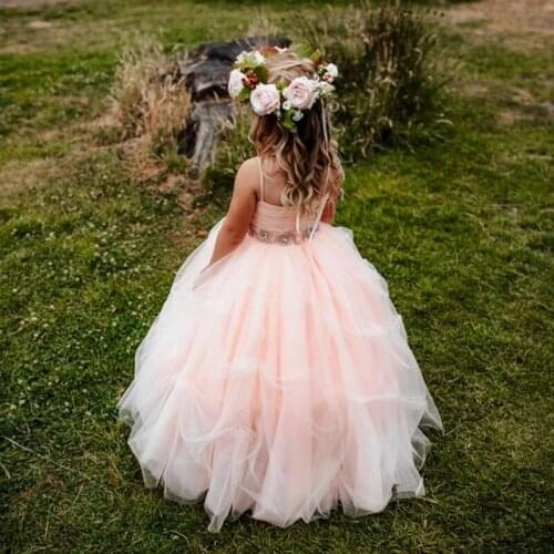 Blush Pink Flower Girl Dress 2019 Ball Gown Layer First Communion Gowns for Little Girl Long Spaghetti Neck Beading Sash