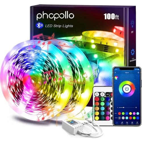 Led Lights for Bedroom 100 ft Phone App Control Bluetooth Music Sync Built in High Sensitivity Mic Smart Led Strip Lights with 2