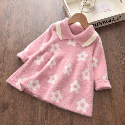 Girls Knitted Sweaters New Fashion Kids Girl Floral Sweet Clothes Turn-Down Collar Princess Tops Children Autumn Winter Clothing
