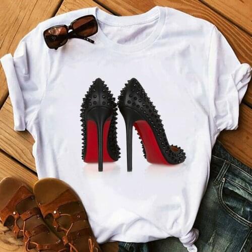 Summer Women Tshirt Fashion High Heels Printed Short Sleeve Tops Casual T-Shirts Womens Clothing Female Vogue Shirts