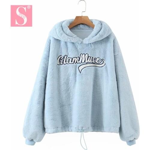 STVY 2020 New Arrival Autumn Winter Letter Embroidery Women’s Loose Pullovers Warm Blue Rabbit Fur Hoodies Sweatshirts