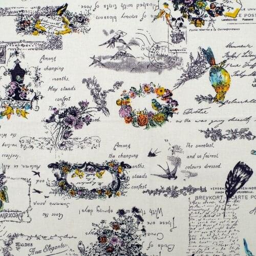 1 yard Cotton Linen Fabric for sewing pathwork, bedding, handmaking - Swallow and garland on white background (width=140cm)