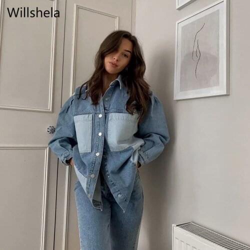 2021 Women Fashion Denim Jacket Patchwork Design Single Breasted Long Sleeves Lapel Collar Vintage Woman Coat Chic Outfit