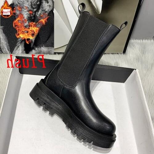 2021 Women Winter Warm Snow Plush Chelsea Boots Chunky Platform Ankle Boots Lady Designer Booties Goth Low 5cm High Heels Shoes