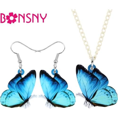 Bonsny Acrylic Blue Morpho Butterfly Jewelry Sets Big Insect Animal Earrings Necklace For Women Girls Teen Summer Gift Accessory
