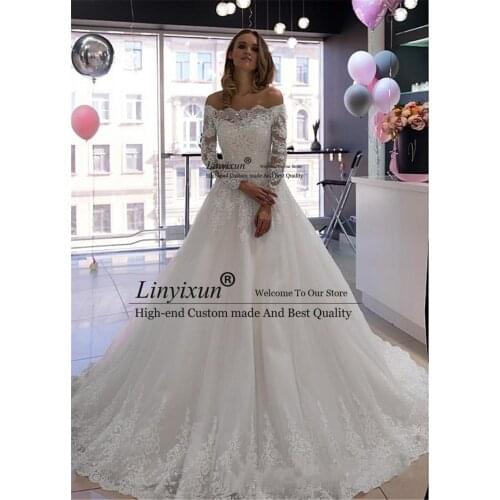 White Off-the-shoulder Sparkly Beading Applique Lace Wedding Dress Long Sleeve Wedding Gowns 2021 Custom Made vestido de noiva