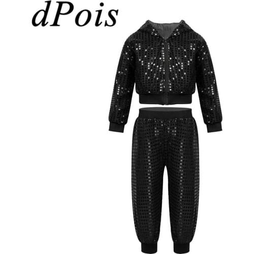 Kids Boys Girls Hip Hop Jazz Costume Contemporary Street Dance Dress Shiny Sequins Gymnastic Swimsuit Hooded Tops & Pants Suit