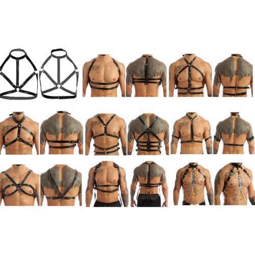 Mens Sexy Leather Vest Flirting Bondage Sexy PU Leather Harness Gay Man Punk Gothic Ring/Chain Haler Body Shoulder Chest Belt