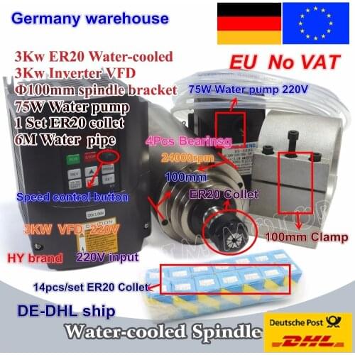 3KW Water-Cooled Spindle Motor ER20 & 3kw Inverter VFD 220V & 100mm clamp & 75W Water pump & pipes with 1set ER20 collet CNC Kit