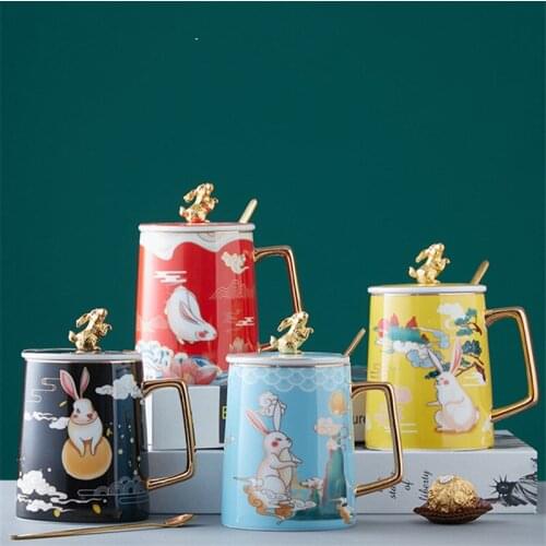 European Ceramic Cartoon Cute Cat Coffee Mug Breakfast Milk Mug Office Water Tea Cup with Spoon and Lid Set Drinkware 430ML