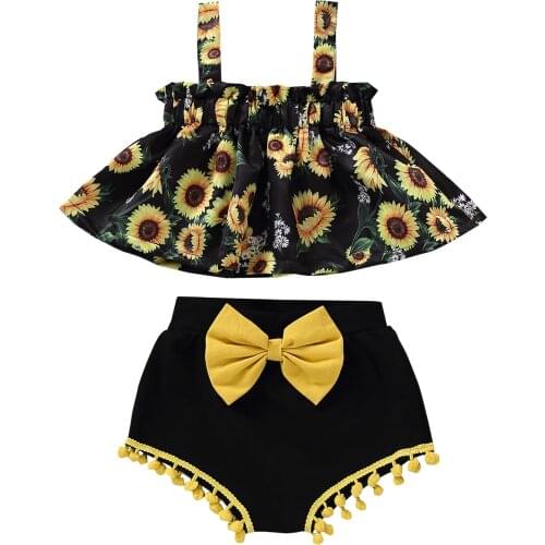 Girl’s 2Pcs Summer Clothes Set, Sunflower Printed Suspender Skirt Hem Tops with Bow Decoration Triangle Shorts