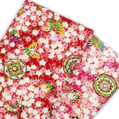 Red Japanese Style Flower&Butterfly Bronzing Cotton Fabric For Sewing Kimono, Retro Style Fabric Making Dolls & Bags Material