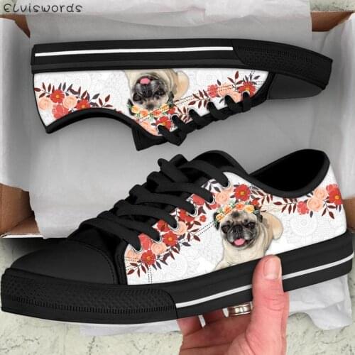 ELVISWORDS 3D Pug with Flower Design Classic Low Top Canvas Shoes for Womens Girls Lace Up Sneakers Ladies Vulcanized Shoes Hot