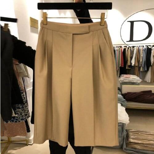 Summer new womens solid color casual shorts high waist slim straight five-point pants suit shorts