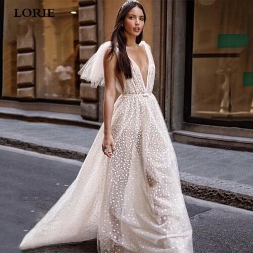 LORIE New Design Fairy Lace Wedding Dresses V Neck Bridal Gowns 2020 Backless Boho Long Wedding Gowns