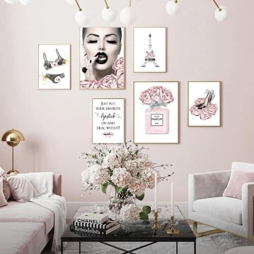 Nordic Fashion Ladies Underwear High-Heeled Shoes Poster Pink Flowers Water Bag Canvas Oil Painting Wall Art Beauty Room Decor