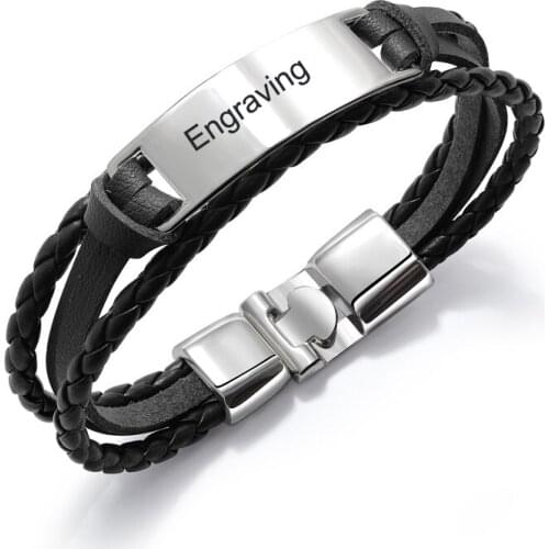 Custom Engraved Vintage Black Stainless Steel Engrave Name Mens Bracelet Simple Smooth Leather Male Accessories