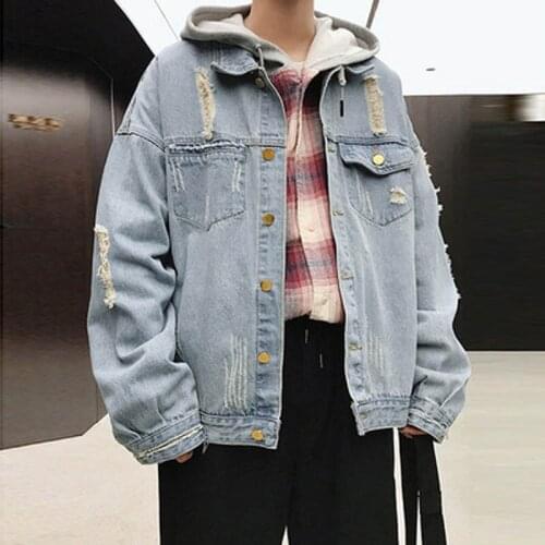 Wholesale 2021 Patch denim jacket male ripped plus fertilizer loose teenagers fat Japanese autumn Winter handsome street coat