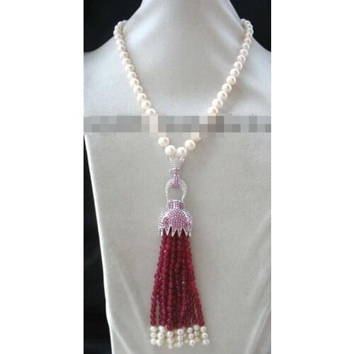 Hot sell Fast SHIPPING new 8-9 freshwater pearl white round leopard clasp red jade necklace 20"