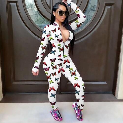 Sexy Butterfly Print Bodycon Jumpsuit Streetwear Zipper Long Sleeve Bodysuits Women Lounge Wear Tight Skinny One Piece Jumpsuit