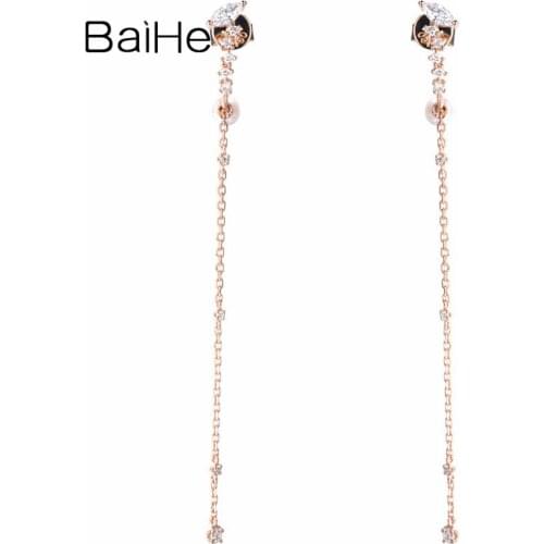 BAIHE Solid 18K Rose Gold 0.32ct Round Marquise H/SI Natural Diamonds Earrings Wedding Fine Jewelry tassel Stud Earrings Women
