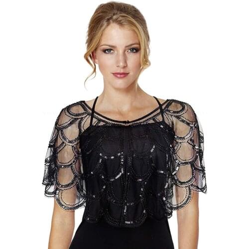 Womens Vintage 1920s Gatsby Retro 2020s Shawl Beaded Sequins Short Tops Folding Party Evening Cloak Scarf
