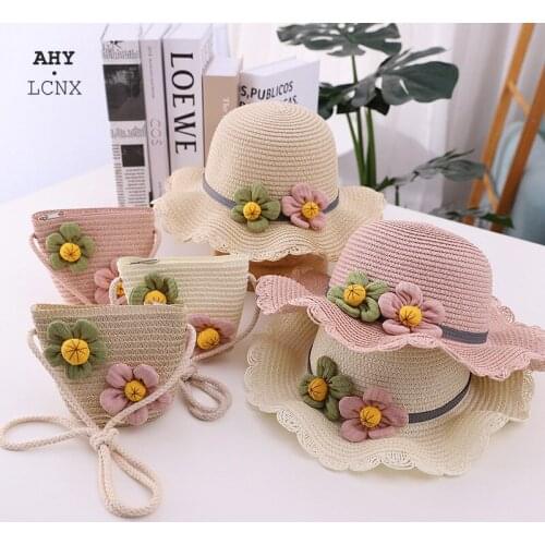 Big Brim Summer Baby Flower Breathable Hat Straw Hat With Handbag Bags Kids Lace edge Hat Sun Visor UV Protection Outdoor Hat