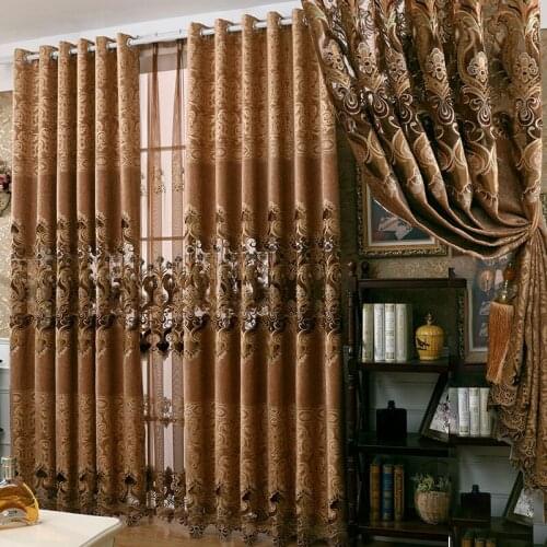 Custom curtains luxury Simple modern chenille living room embroidered coffee cloth blackout curtain tulle drape B043