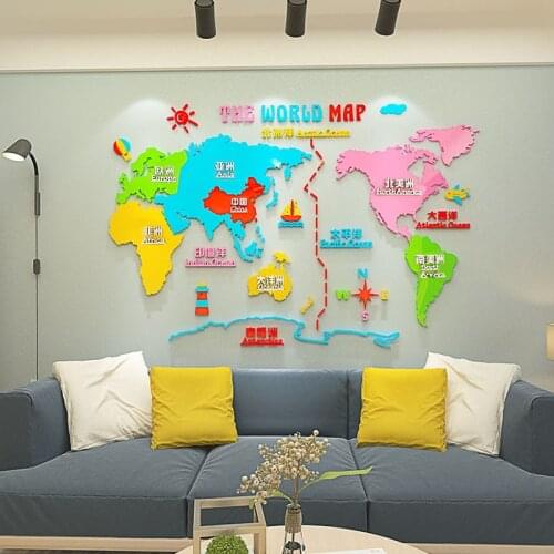 Nordic DIY cartoon world map INS chidrens room bedroom living room TV background wall decoration 3D acrylic wall sticker