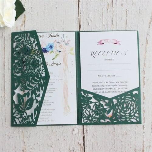 Rustic Wedding Invitations Marriage Quinceanera Dark Green Leaf Flower Laser Cutting Custom Printing Multi Colors Weeding Supply