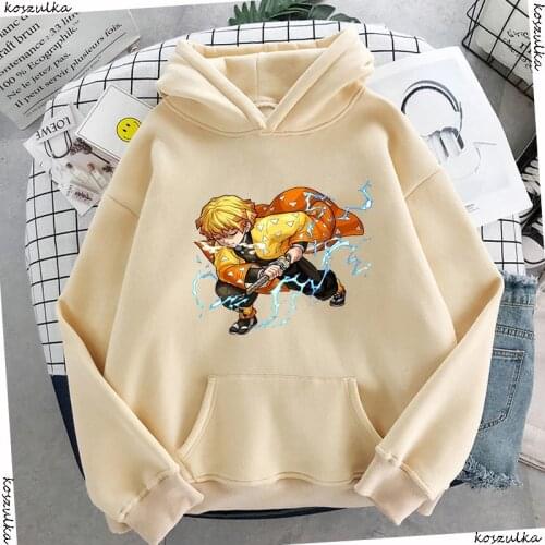 Demon Slayer Zenitsu Thunder Clap and Flash Winter Anime Sweatshirt Casual Graphic Hoodie Men Hooded Cool Beige Hoody Male