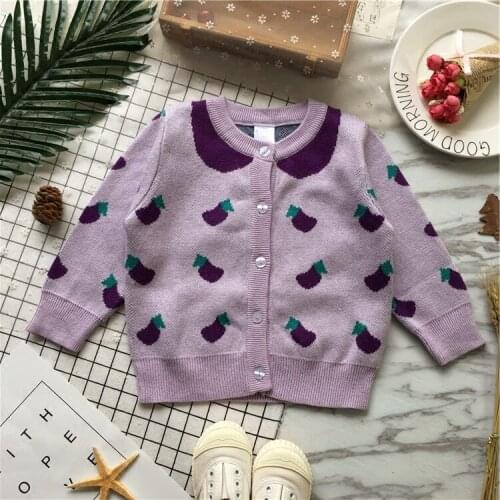 Tonytaobaby Autumn and Winter New Girls Eggplant Pattern Knitted Cardigan Pure Cotton Sweater