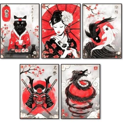 Japanese Samurai Poster Fish Geisha Dragon Print Canvas Art Oil Painting Mural Wall Poster Decoration