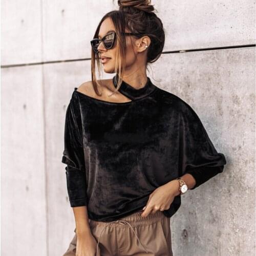 Women Sexy Hollow Out Halter Neck Blouse Office Lady Solid Long Sleeve Velvet Elegant Tops 2020 Early Spring Fashion Pullover