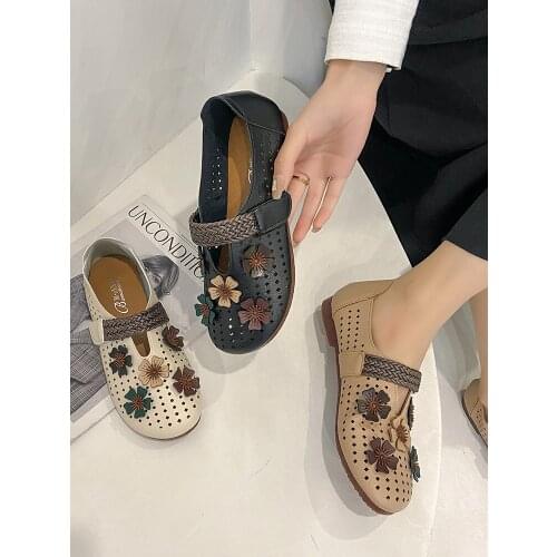 Large Size 40 Womens Shoes Spring And Summer New Comfortable Flat-Bottomed Hollow Breathable Velcro Single Shoes