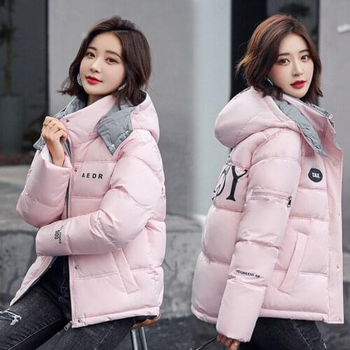 Women Winter Jacket Coat 2021 New Letter Print Color Matching Hooded Short Overcoat Thicke Warm Down Cotton Jacket Female Parker