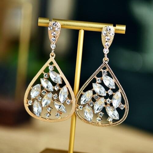 Women Drop Earrings Colorful Flower Big Geometric Design Luxury Rhinestone Crystal Statement Earrings Bridal Jewelry Gifts