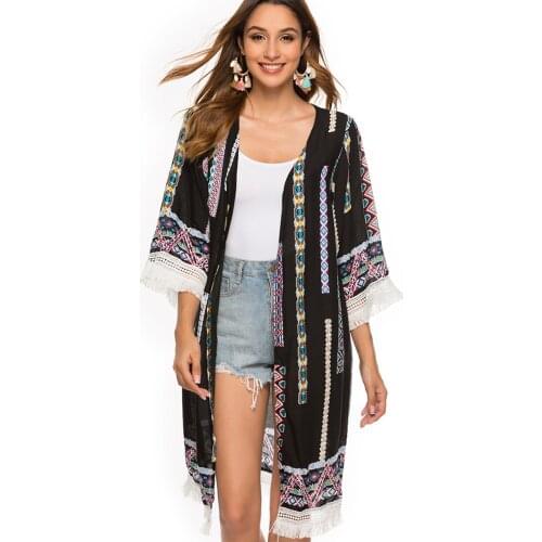Ethnic Style Fashion Women See-through Flower Embroidery Chiffon Tassel Long Cardigan Blouse Top Kimono Beach Cover Up Outwear