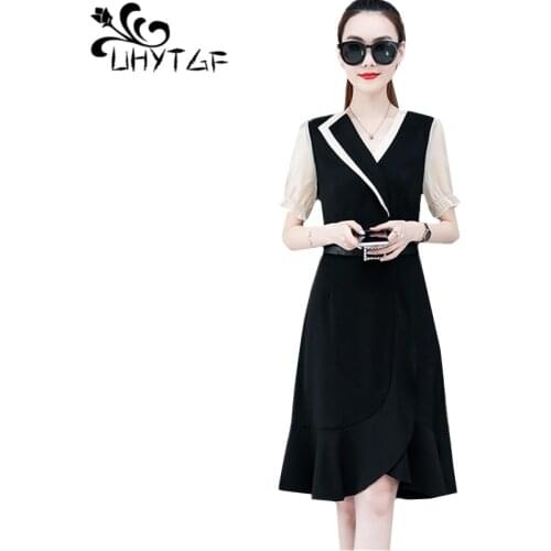 UHYTGF dresses for women fashion V-neck irregular chiffon summer dress woman short sleeves stitching elegant dress Female 3XL935