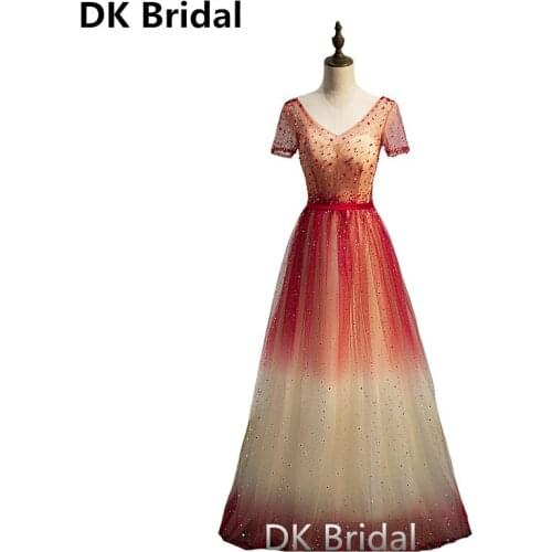 Sparkly Star Evening Dresses Gradient Color Red V-neck Formal Dresses Shining Lace Up Long Party Gown Prom Gowns robe de soiree